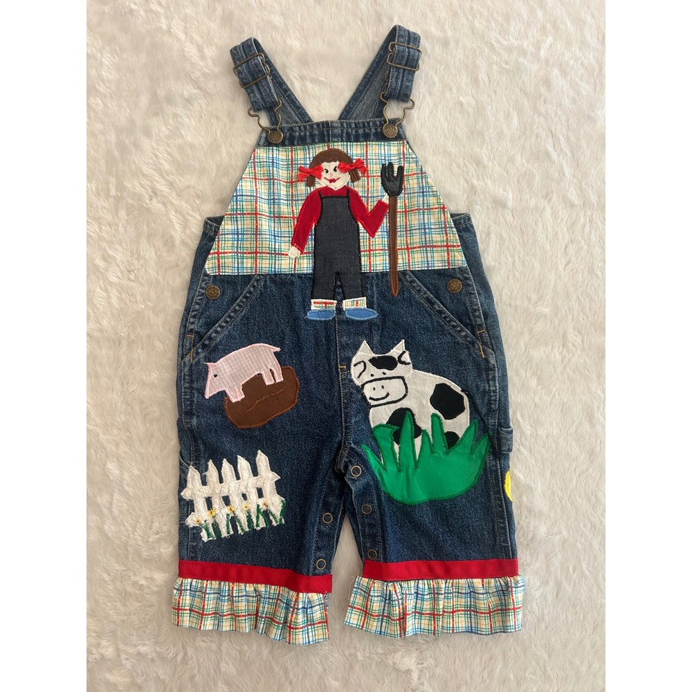 Country Farm Overalls Kids 18M Blue Excellent Plaid Ruffle Applique